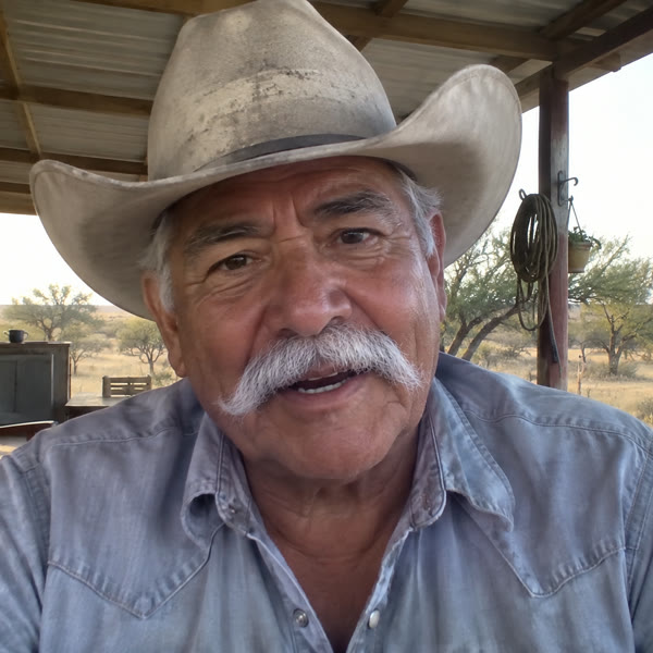 Abel Salcido on his porch outside Sotol, Texas